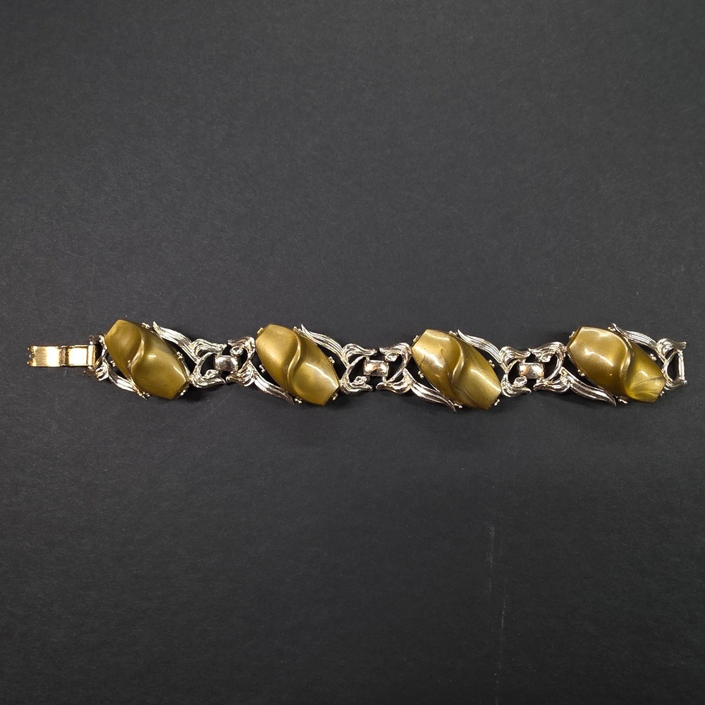 Vintage Olive Green Gold Thermoset Plastic Link Bracelet Silver Tone Scrollwork
